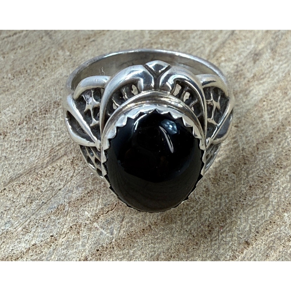 James Walter Navajo Sterling Silver Black Onyx Filigree Ring Size 7-7.25 JW
